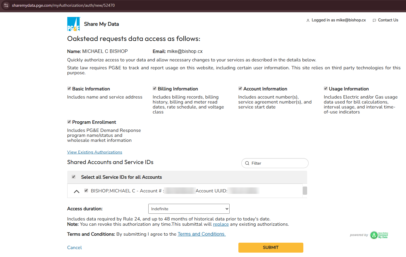 PG&E's Share My Data authorization form (an example, account details blurred)